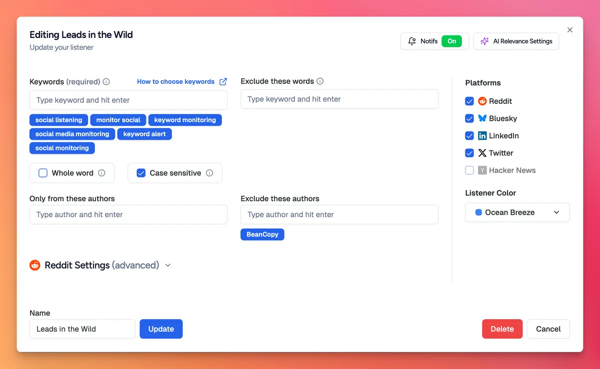 SnitchFeed's keyword tracking setup for social listening