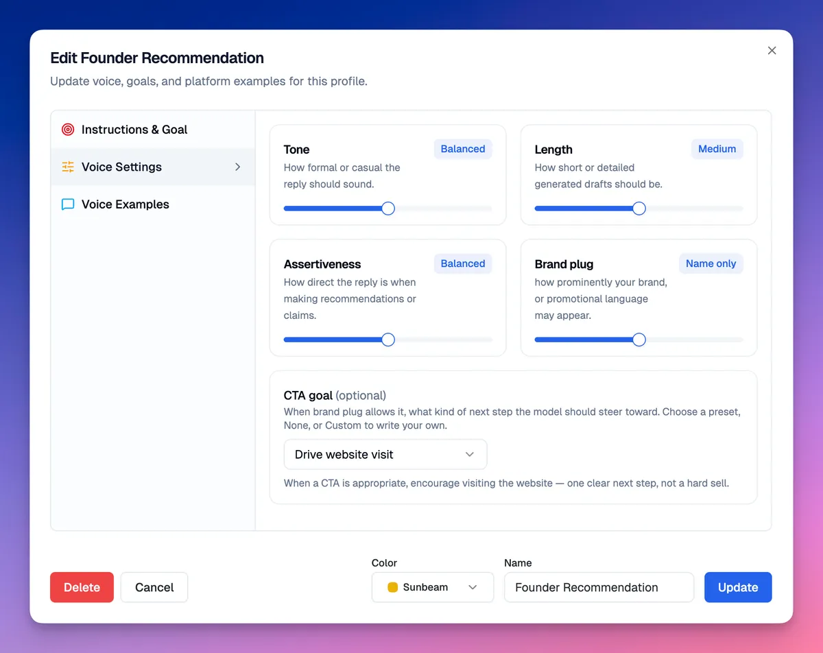 Create your own response profile with your voice and goals