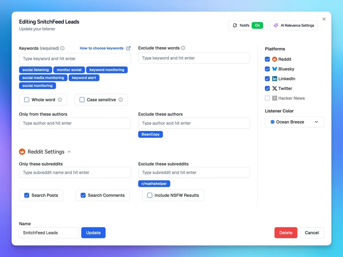 Setting up a Listener in SnitchFeed with advanced keyword filtering and AI context settings