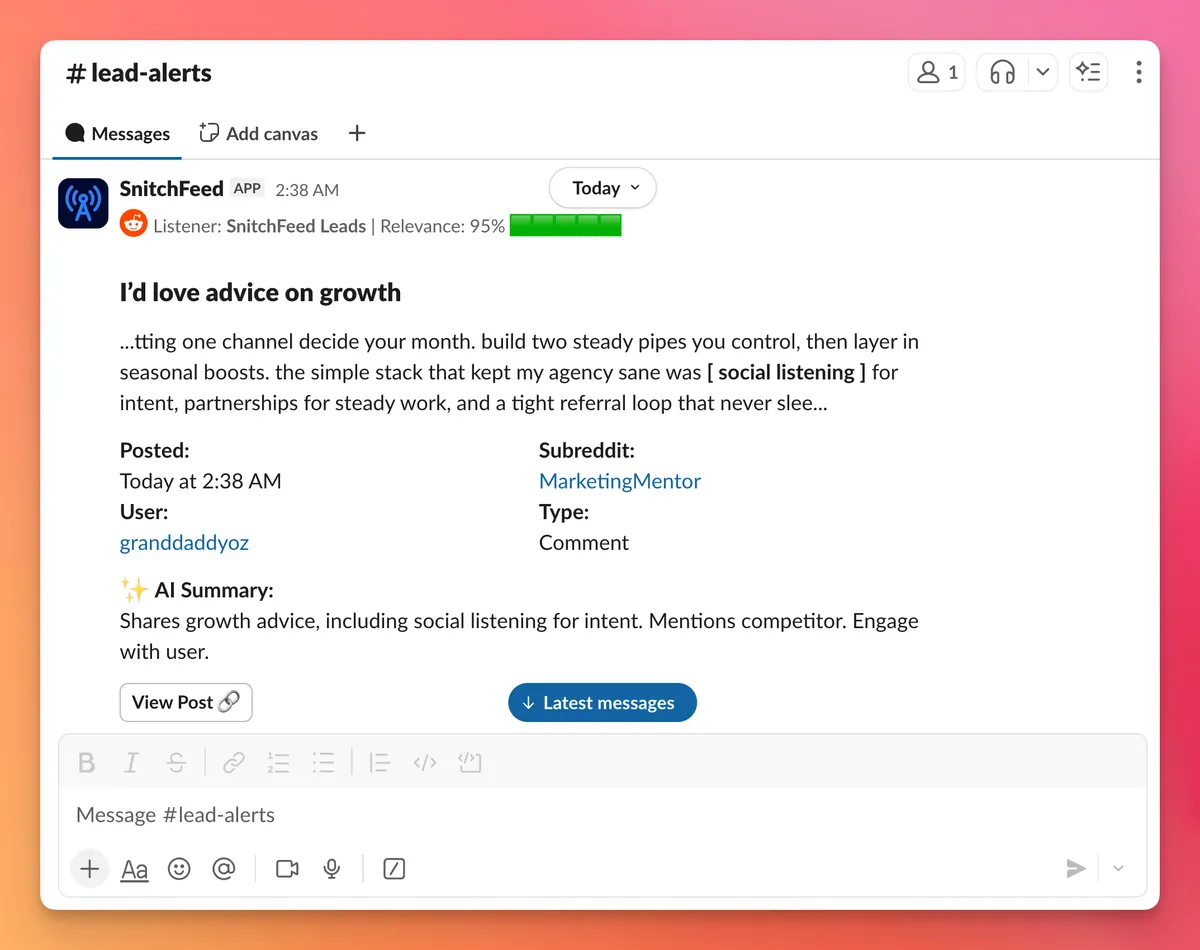Slack alert of a high-intent reddit post