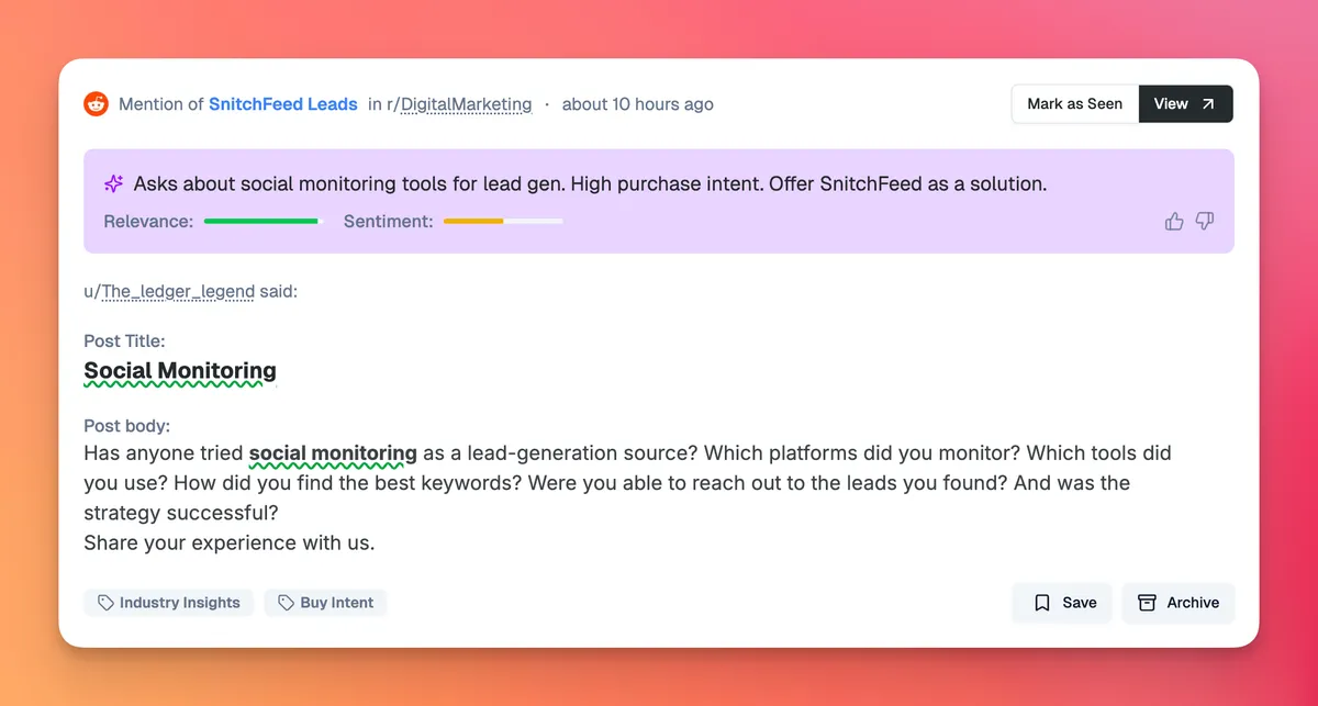 SnitchFeed catching a high-intent post that would have been missed by Google Alerts