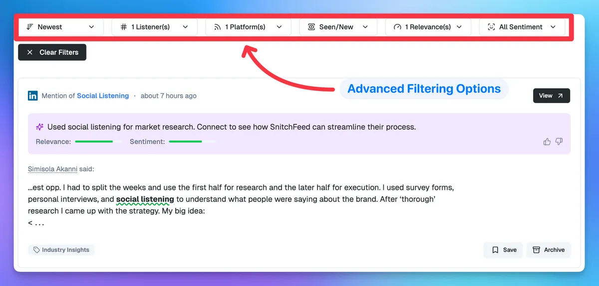 Advanced filtering options available in SnitchFeed mentions feed