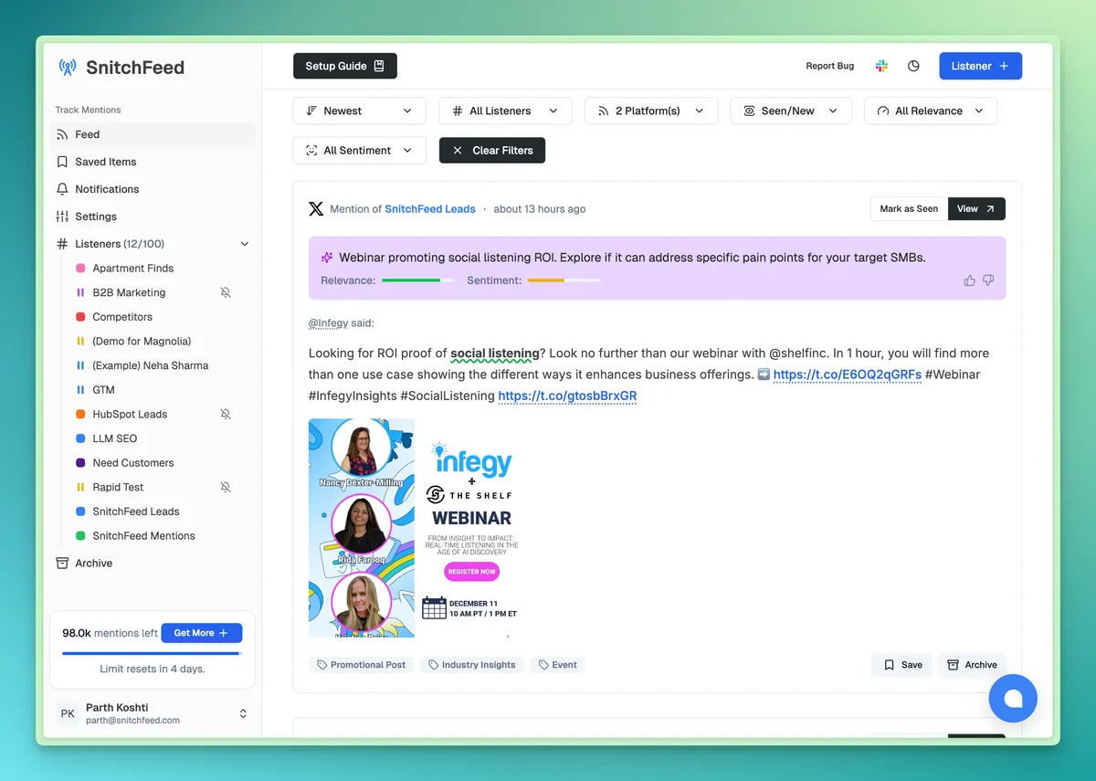 AI-powered social listening dashboard filtering startup mentions on Twitter and LinkedIn