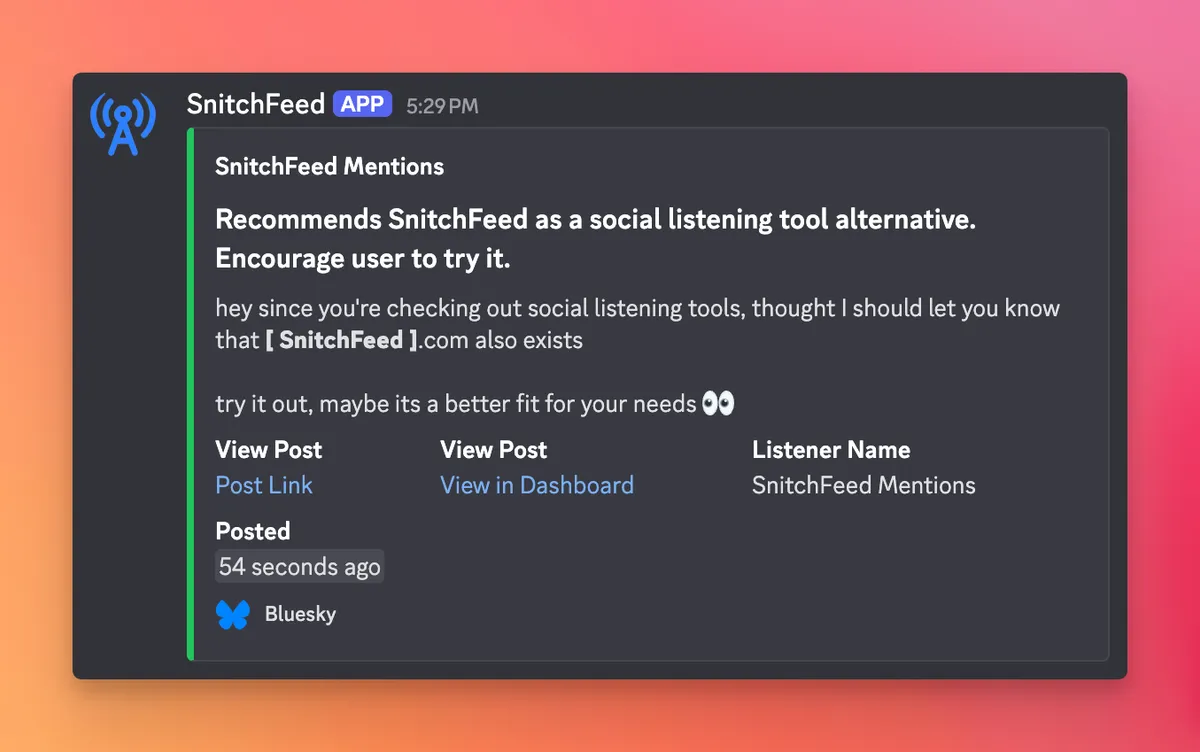 Social listening alert sent to Discord