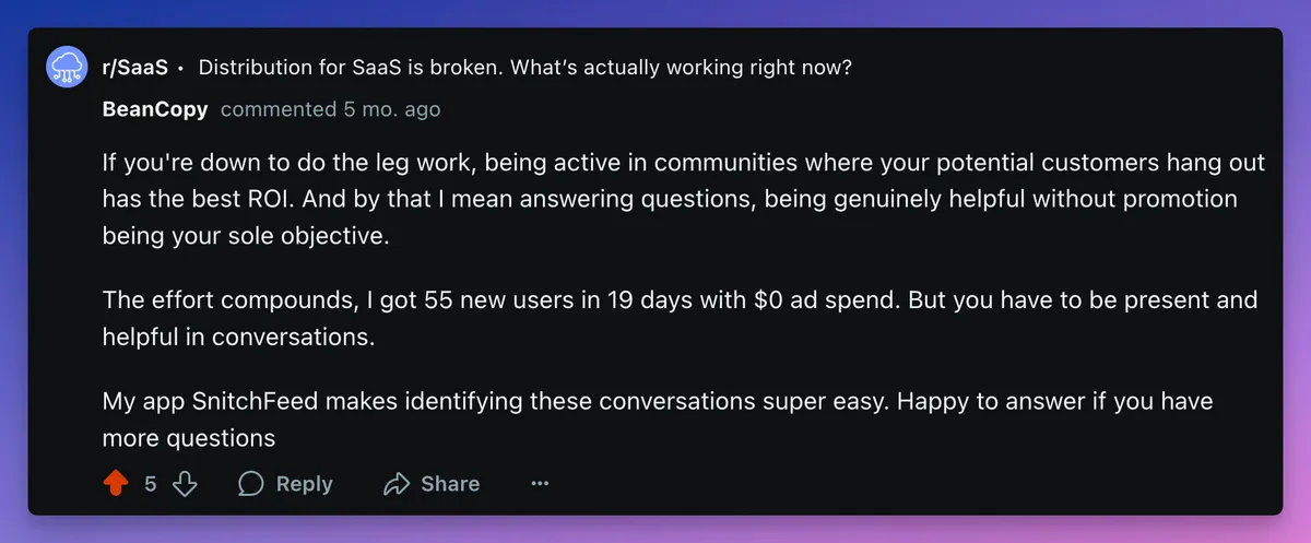 Reddit comment example with SnitchFeed mention