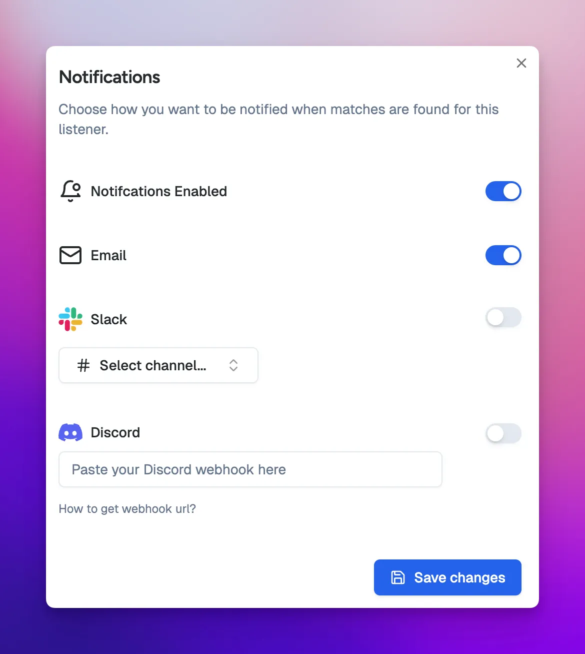 Send keyword alerts to email, slack, discord