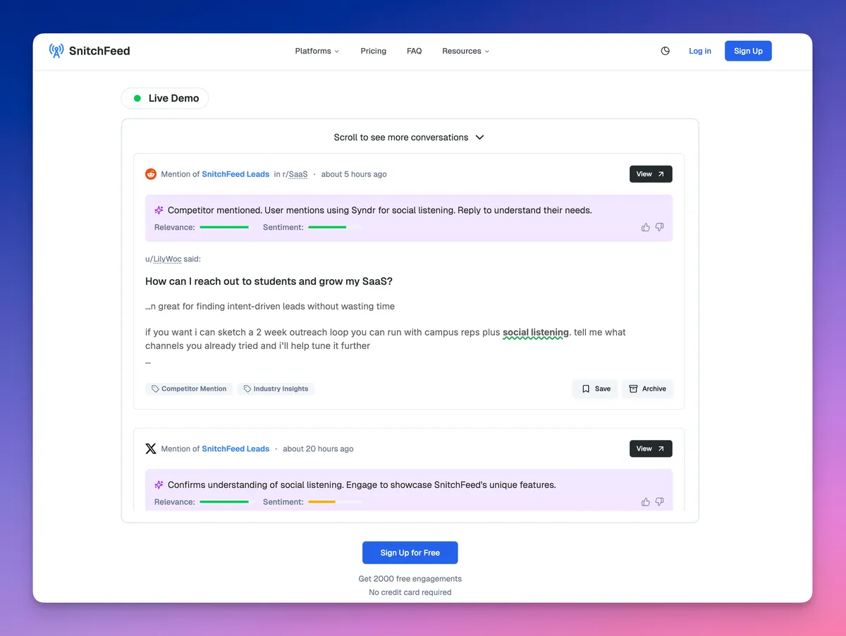 SnitchFeed, the #1 Google alerts alternative for tracking keywords on Reddit, Twitter, LinkedIn and Bluesky